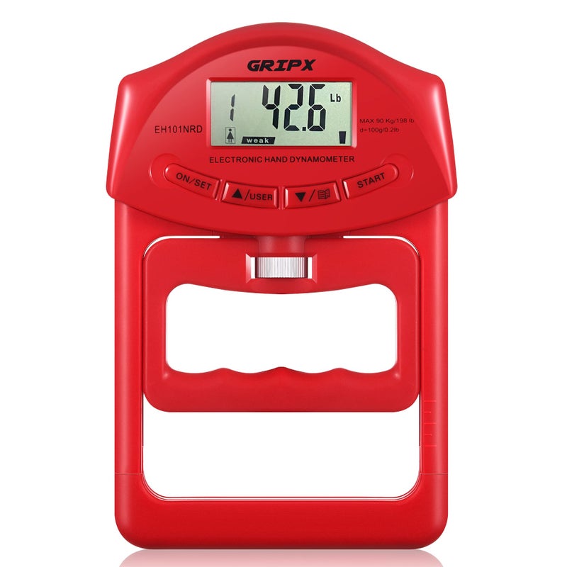 GRIPX Digital Hand Dynamometer Grip Strength Measurement Meter Auto Capturing Electronic Hand Grip Power 198Lbs / 90Kgs  Red - Image 1